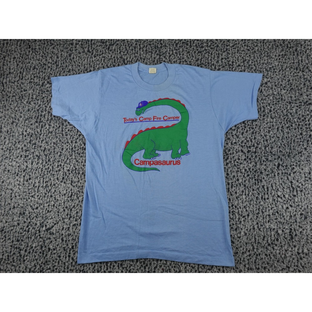 Screen Stars T-Shirt Mens L Blue Vintage 80s Campasaurus Dinosaur Single 18.5